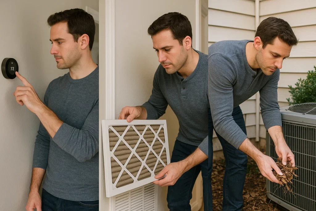 A 3 panel image of a homeowner doing HVAC maintenance on his home.