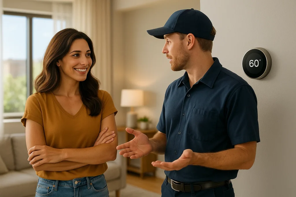 An HVAC technician explaining why turning the thermostat down very low doesn't cool faster