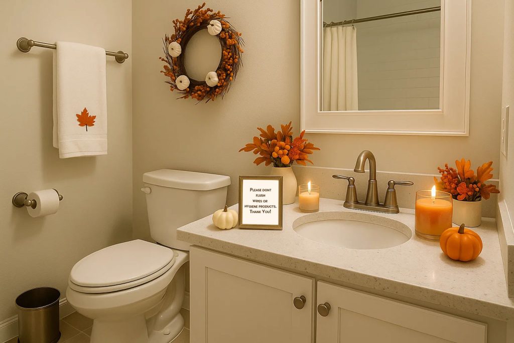 holiday-ready bathroom with trash bin and guest-friendly setup to avoid toilet clogs