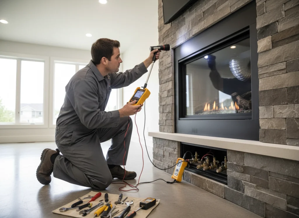 Technician inspecting a gas fireplace’s vent and gas connections