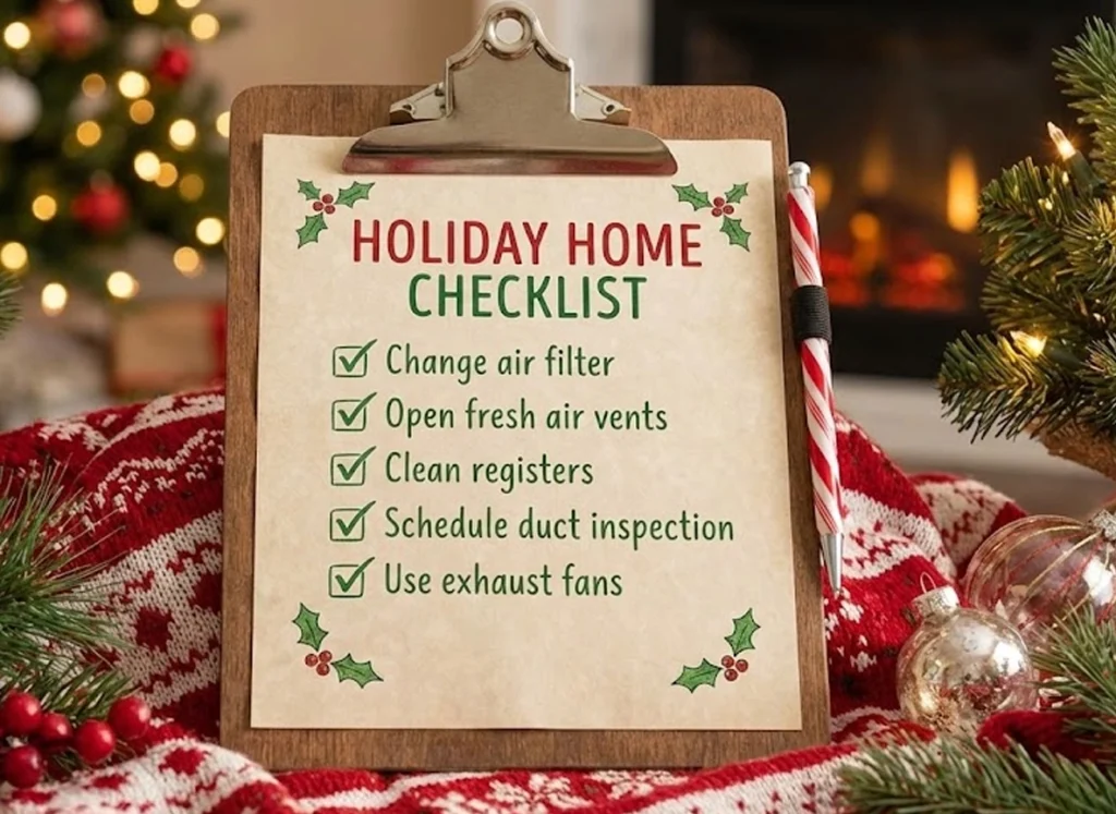 Cozy winter home with checklist of indoor air quality tips