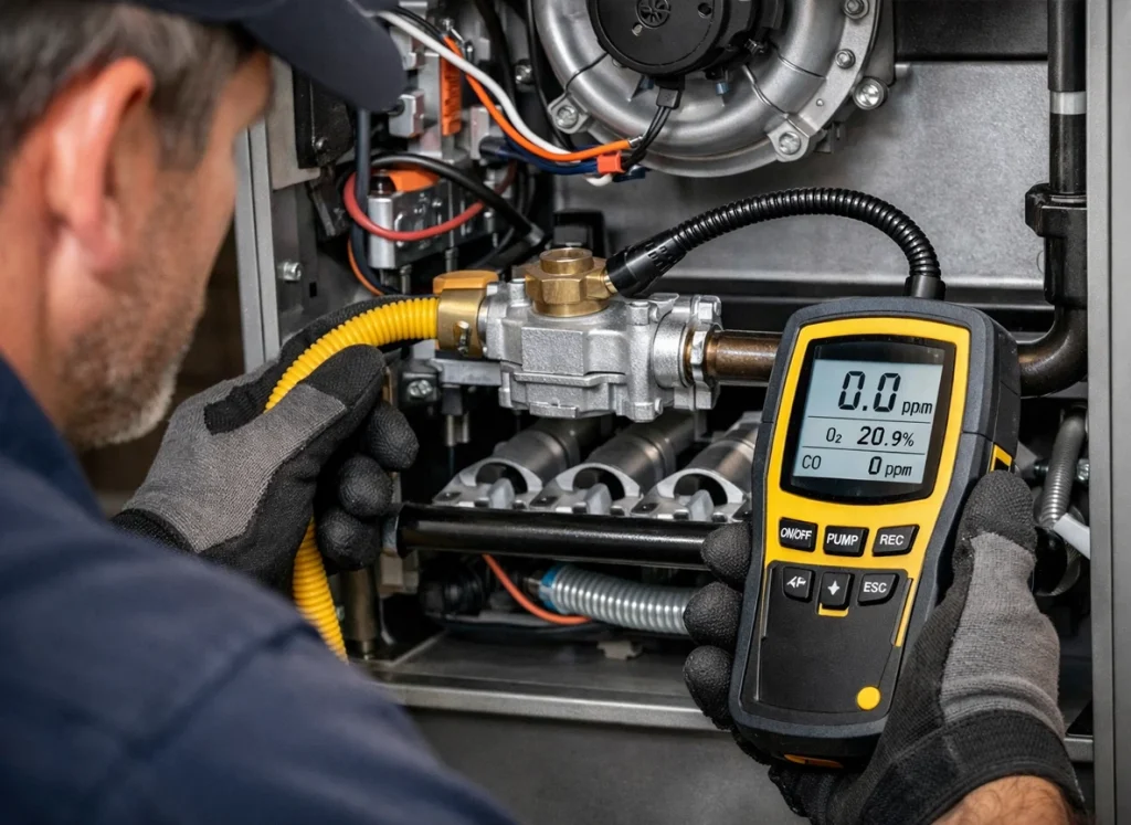 HVAC technician performing a professional gas safety inspection on a furnace with a gas analyzer.