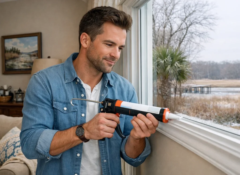 A homeowner using a cop gun to seal his windows.