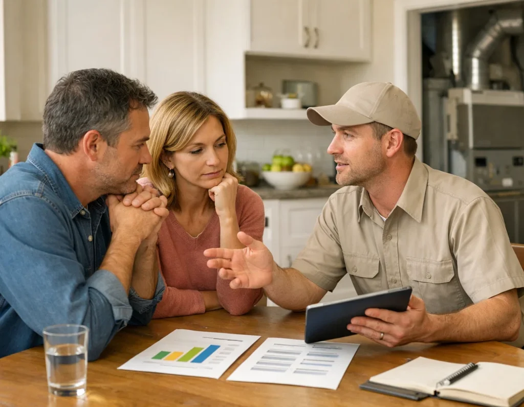 HVAC technician explaining AC replacement versus repair to homeowners