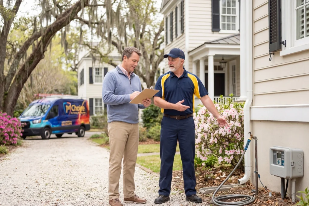 Charleston homeowner reviewing spring plumbing checklist with plumber
