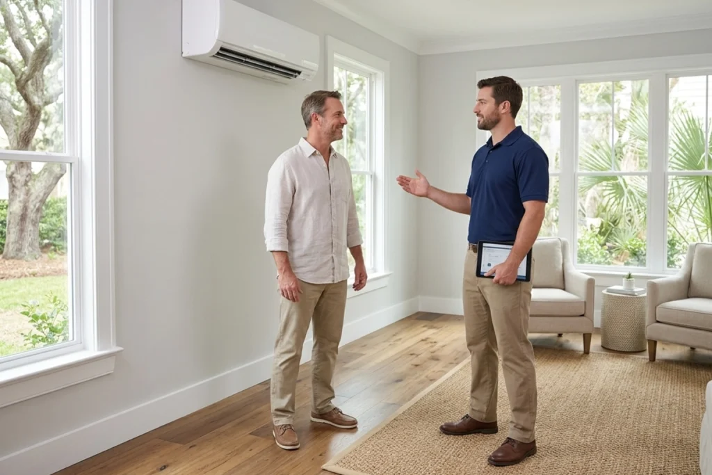 Homeowner learning about ductless mini-split cooling in Charleston
